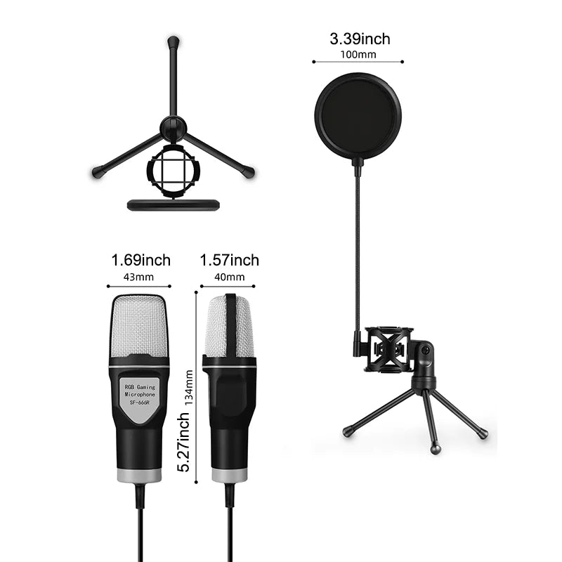 Gaming USB Microphone for PC Condenser Mic with RGB Indicator Tripod Stand Gain Control for Recording Live Podcast Computer Mic