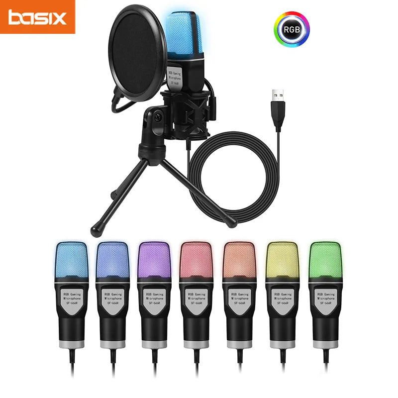 Gaming USB Microphone for PC Condenser Mic with RGB Indicator Tripod Stand Gain Control for Recording Live Podcast Computer Mic