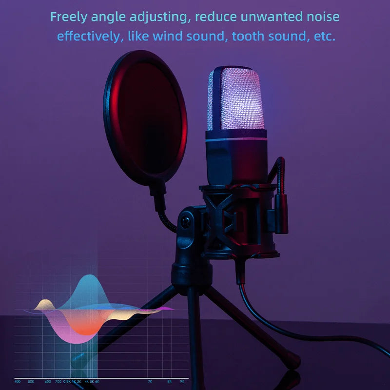 Gaming USB Microphone for PC Condenser Mic with RGB Indicator Tripod Stand Gain Control for Recording Live Podcast Computer Mic